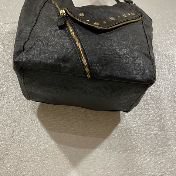 Black Vinyl Handbag Purse Bejeweled Zipper Gold Hardware Bag Double Handles - Picture 9 of 16